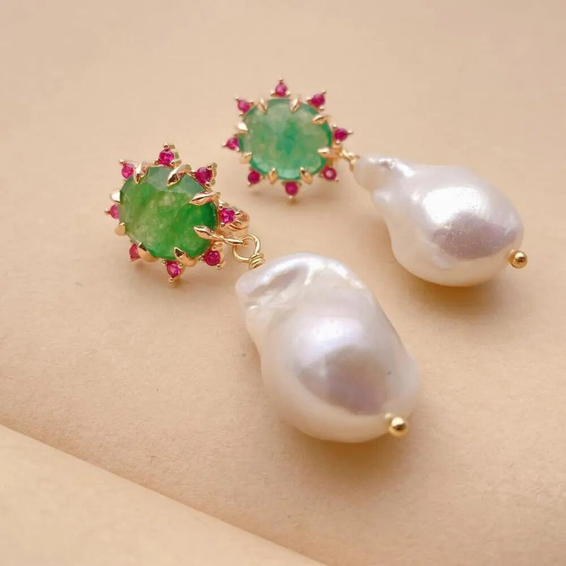 Silver Cultured White Keshi Pearls and Green Aventurine Drop Earrings for Women