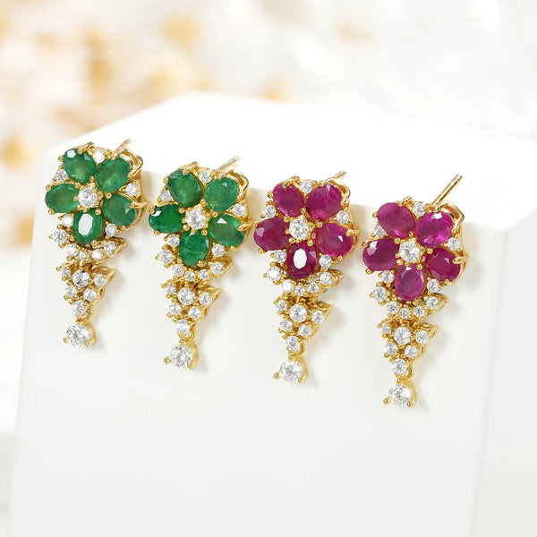 925 Sterling Silver Emerald and Ruby Floral Drop Earrings for Women