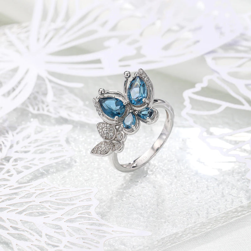 925 Sterling Silver Blue Butterfly Rings with 2ct Gems and Natural London Blue Topaz for Women