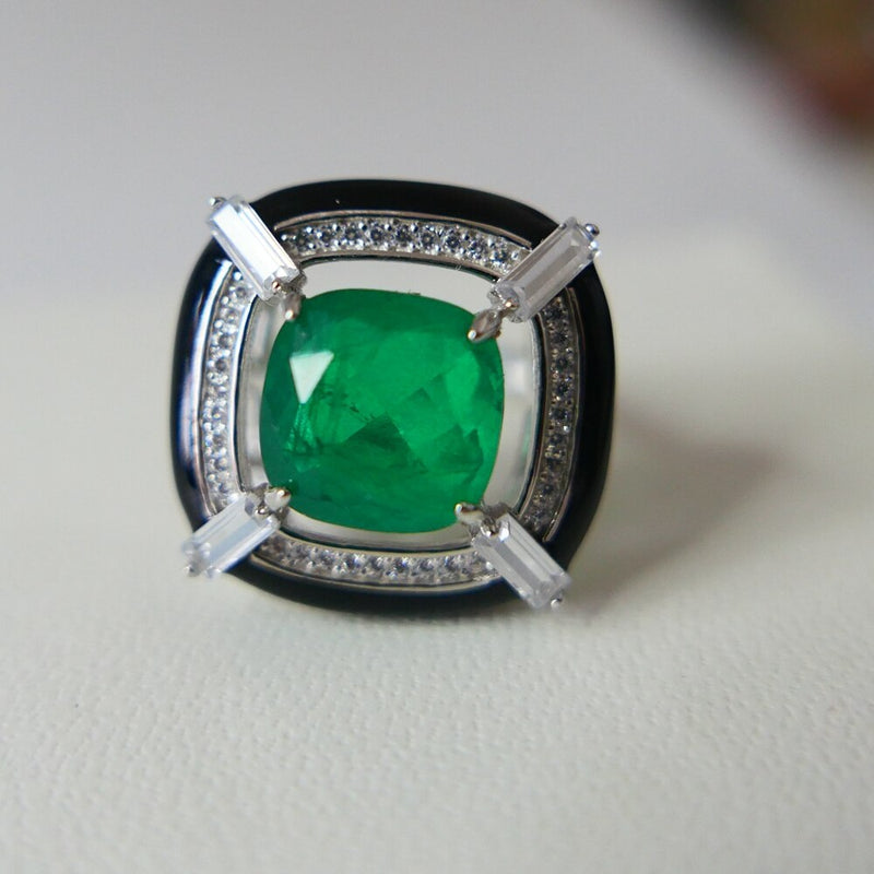 925 Sterling Silver Black Enamel Cushion Created Emerald Ring for Women