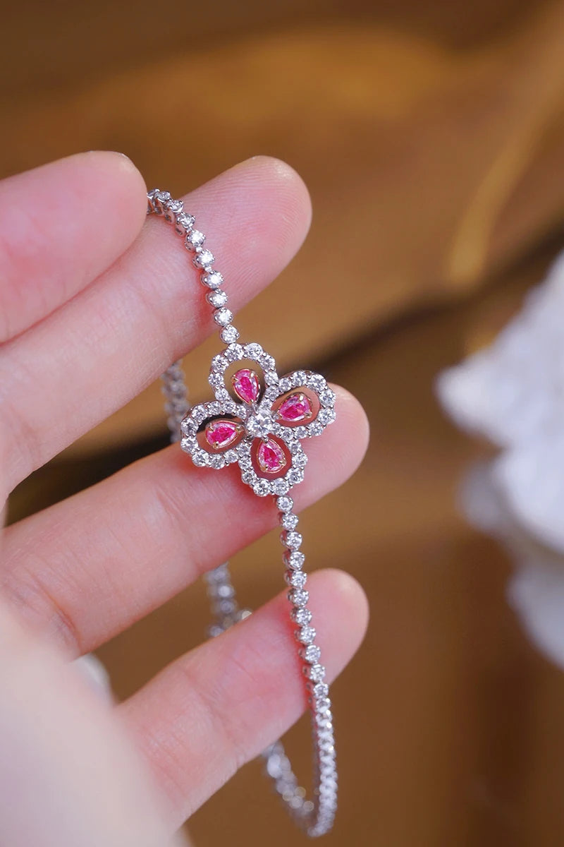 18K White Gold White & Pink Diamond Clover Bracelet for Women