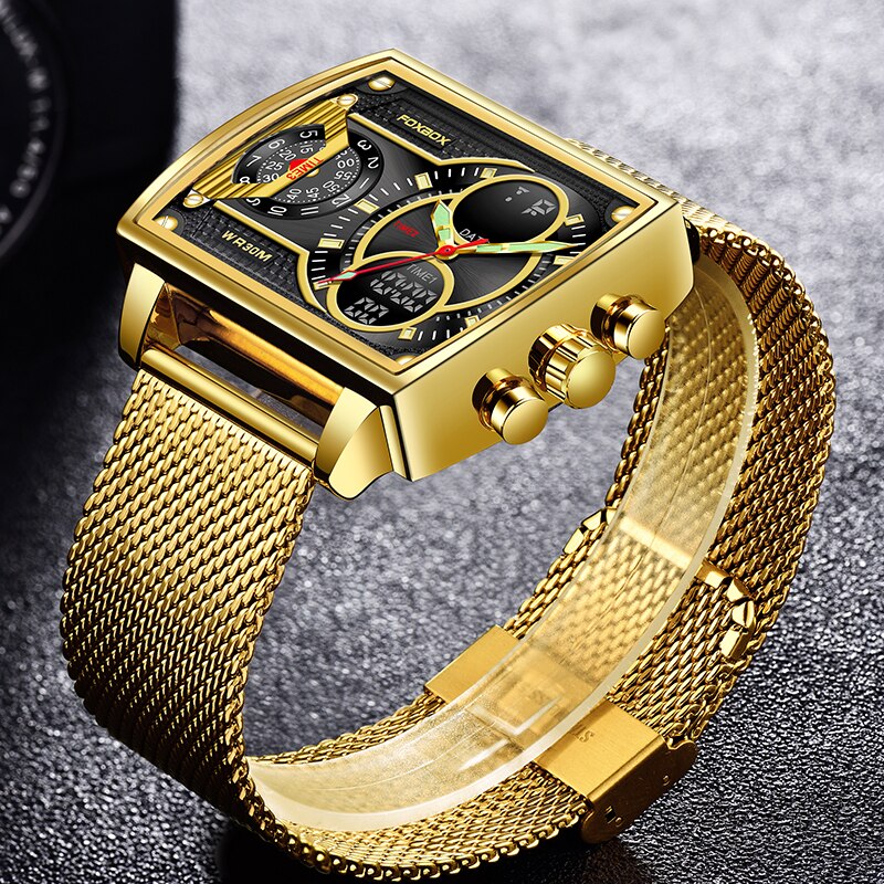 Stainless Steel Square Luxury Watch with Double Display for Men