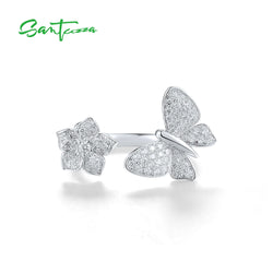 Sterling Silver Open Rings with White Cubic Zirconia, Butterfly & Flower Design