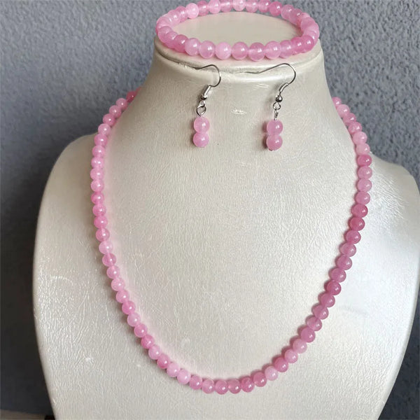 Yellow Gold Peach Pink Jade Jewelry Set Necklace, Earrings, Bracelet, Chain, Choker for Women