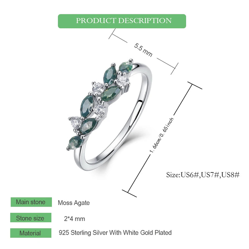 925 Sterling Silver Moss Agate Leaf Finger Ring for Women