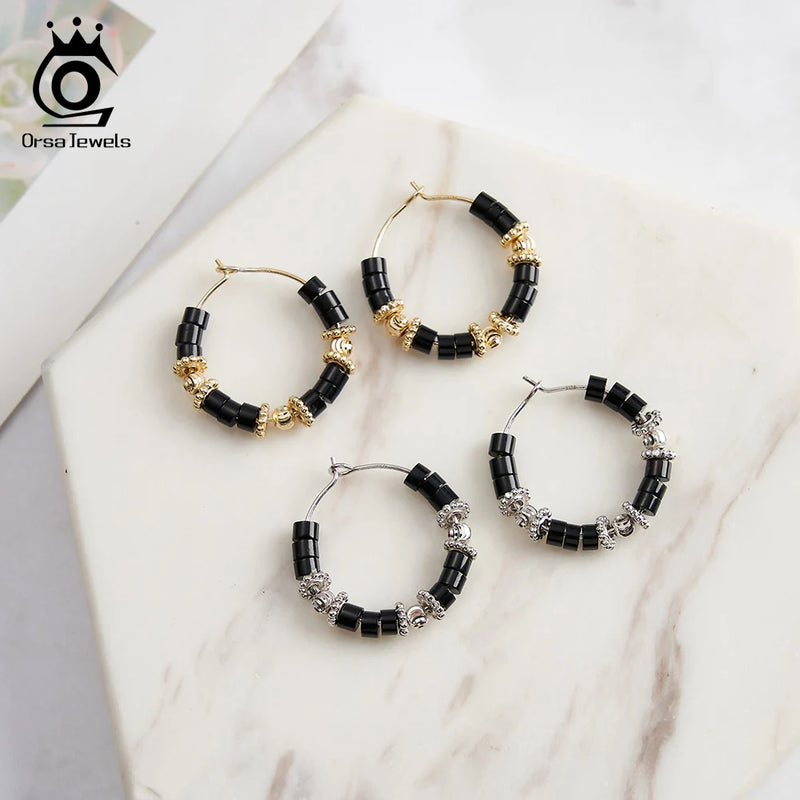 925 Sterling Silver Obsidian Hoop Earrings for Women