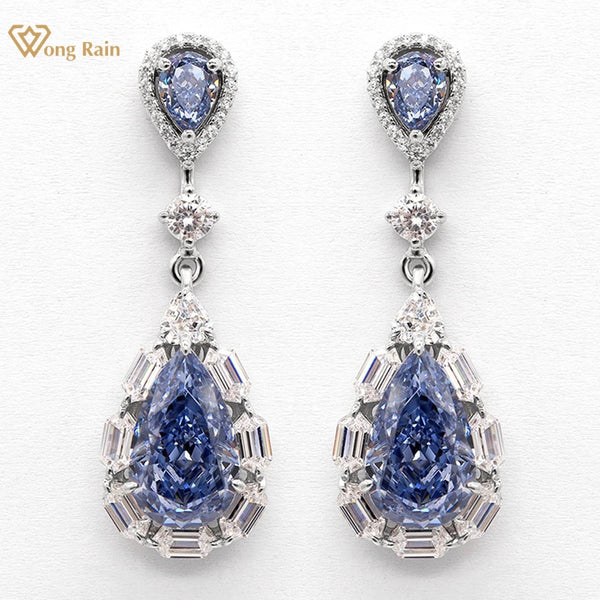 Wong Rain 100% 925 Sterling Silver Sparkling Pear Cut Sapphire Gemstone Water Drop Earrings for Women Wedding Party Stud Jewelry
