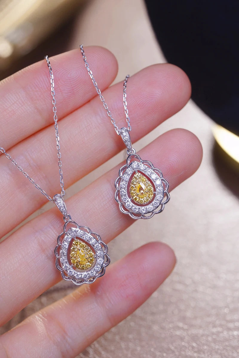 18K White Gold Natural Yellow Diamond Water Drop Necklace for Women