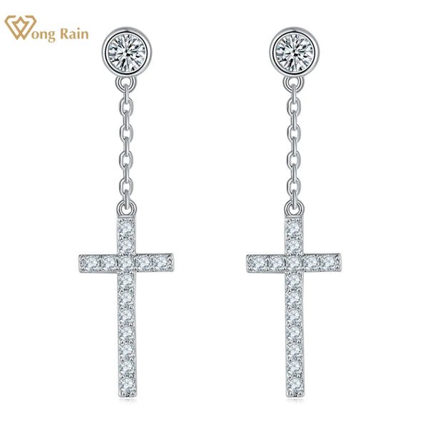 Wong Rain 925 Sterling Silver 3EX VVS1 D Color Real Moissanite Diamonds Customized Cross Drop Dangle Earrings Jewelry for Women