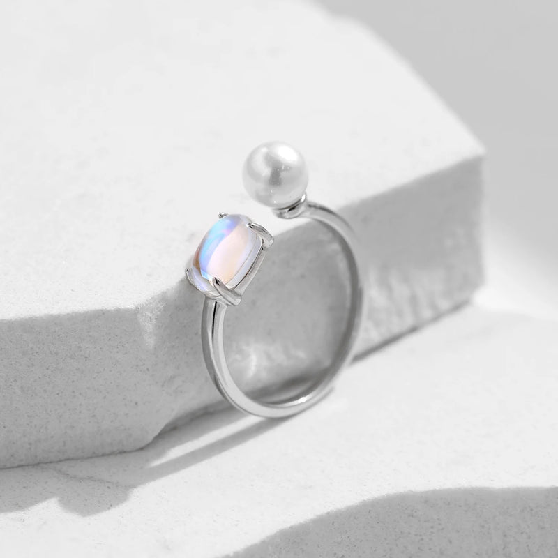 Sterling Silver Moonstone Crystal Pearl Adjustable Ring for Women