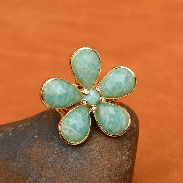 Sterling Silver Natural Blue Amazonite Pave Flower Ring for Women