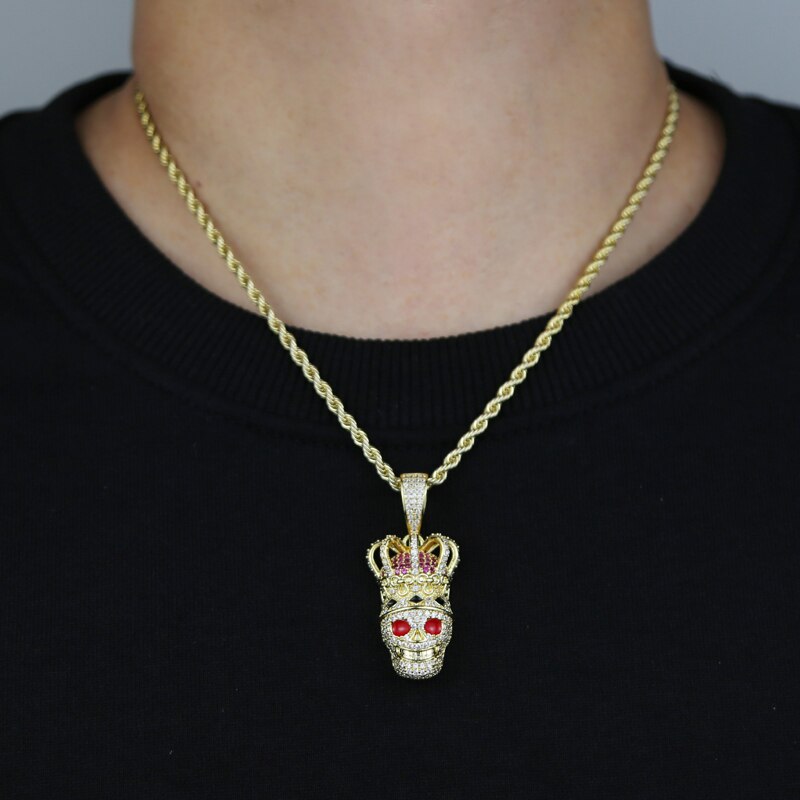 Gold Plated Iced Out Cubic Zirconia Crown Shaped Skull Pendant for Men