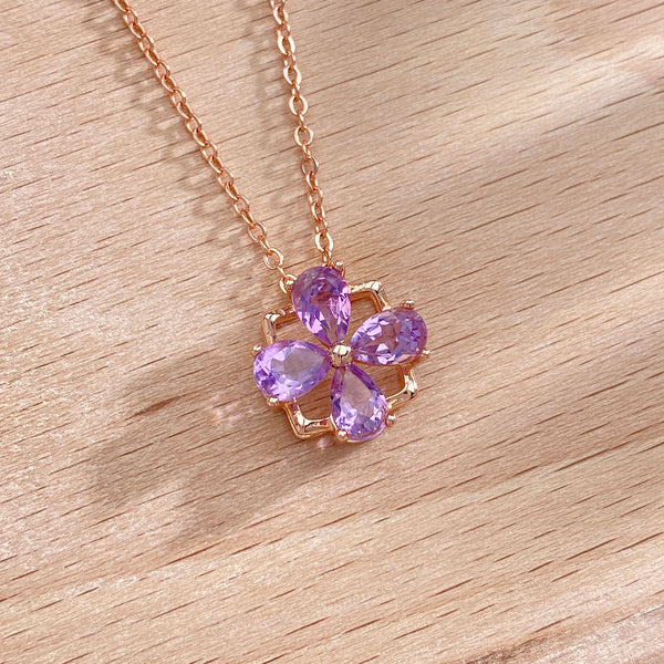 18k Rose Gold Plated Amethyst Geometric Flower Pendant Necklace for Women