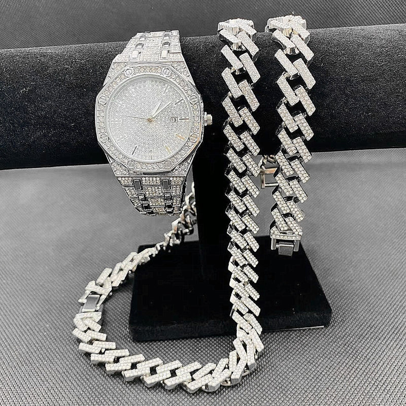 14k Gold Iced Out Diamond Wrist Watch and Chain Set for Men