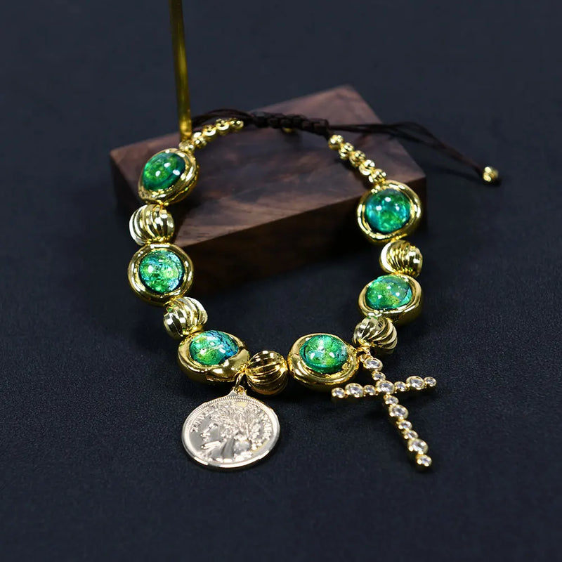 Gold Plated Green Murano Glass Cross & Coin Charm Bracelet for Women