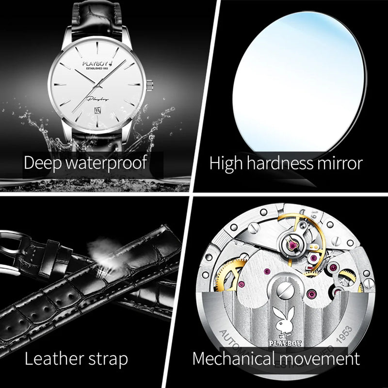 Stainless Steel Leather Strap Automatic Mechanical Watch for Men