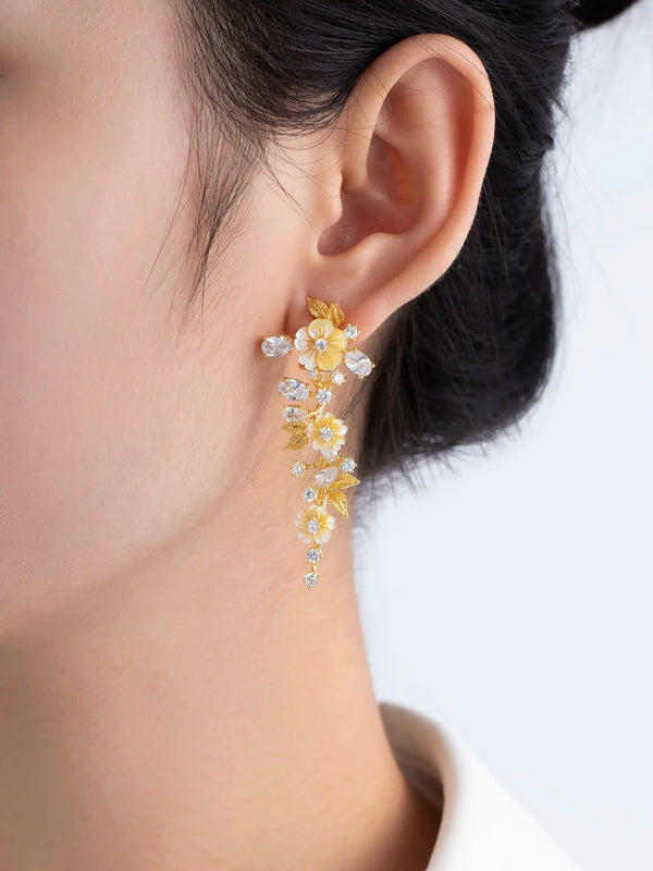 Sterling Silver Natural Shell Zircon Flower Drop Earrings for Women