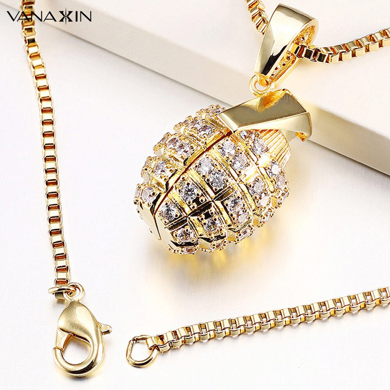 Stainless Steel Cubic Zirconia Grenade Pendant Necklace for Men