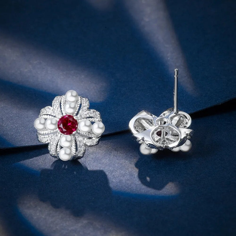 Sterling Silver Sapphire Ruby Pearl Flower Studs Earrings for Women