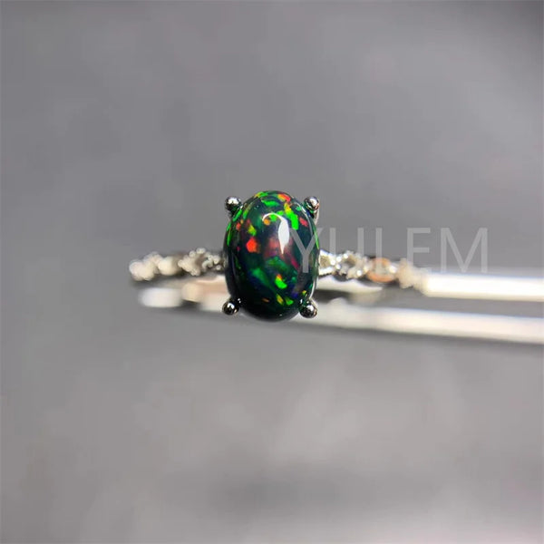 Solid 925 Silver Black Opal Ring, 6mm*8mm, for Women