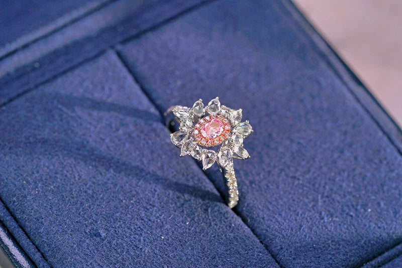 18K White Gold Pink Diamond Sunflower Ring for Women