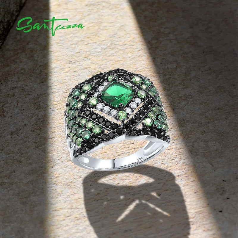 925 Sterling Silver Solitaire Ring with Green and Black Spinel and White CZ for Women