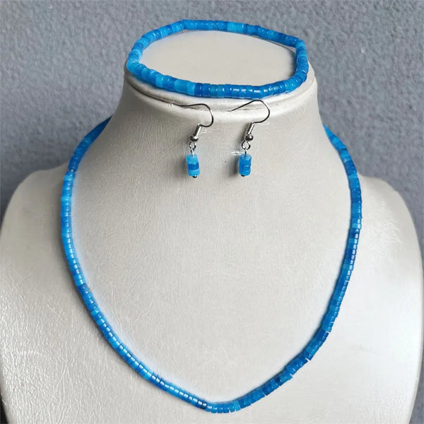 Sterling Silver 4MM Sea Blue Jade Jewelry Set Necklace Earrings Bracelet Chain Choker for Women