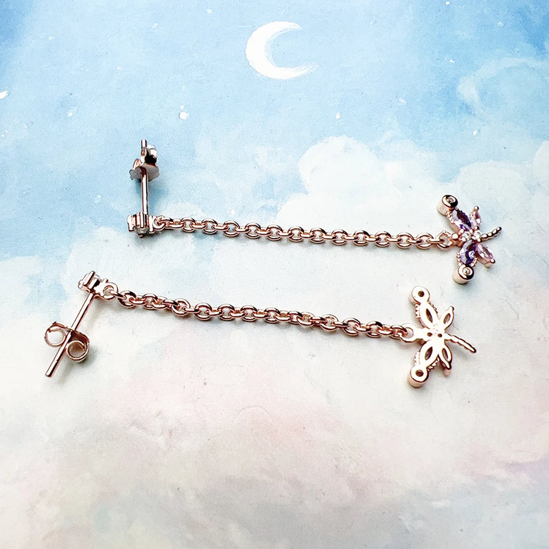 925 Sterling Silver Dragonfly with Stones Rose Gold Drop Earrings for Women