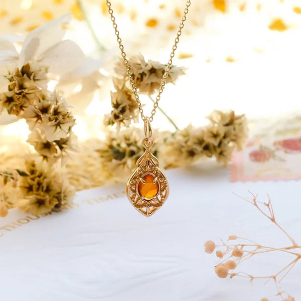 S925 Silver Gold Plated Orange Garnet Pendant Necklace For Women