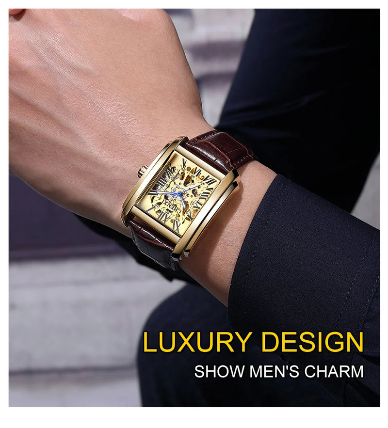 Gold Automatic Skeleton Tourbillon Mechanical Wristwatch for Men