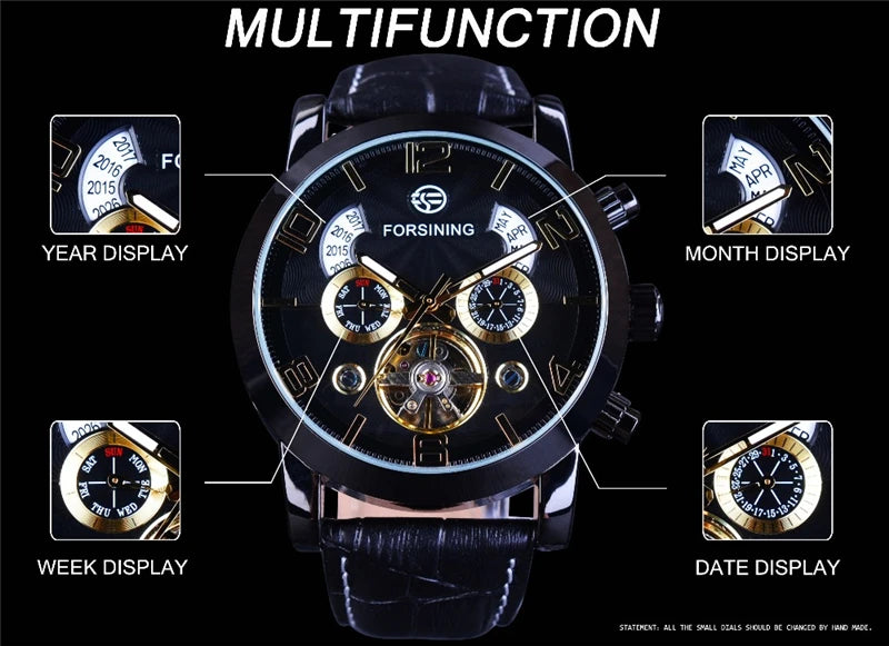 Leather Mechanical Automatic Men's Wrist Watch with Tourbillon and Multi-Functionalities