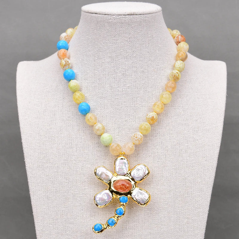 Gold Fire Agate Blue Turquoise Choker Necklace with Keshi Pearl Flower Pendant for Women