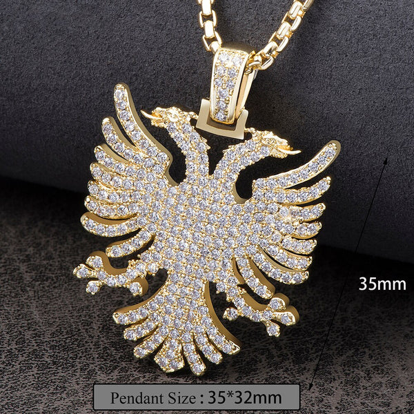 Gold Plated Cubic Zirconia Albanian Eagle Pendant Necklaces for Men