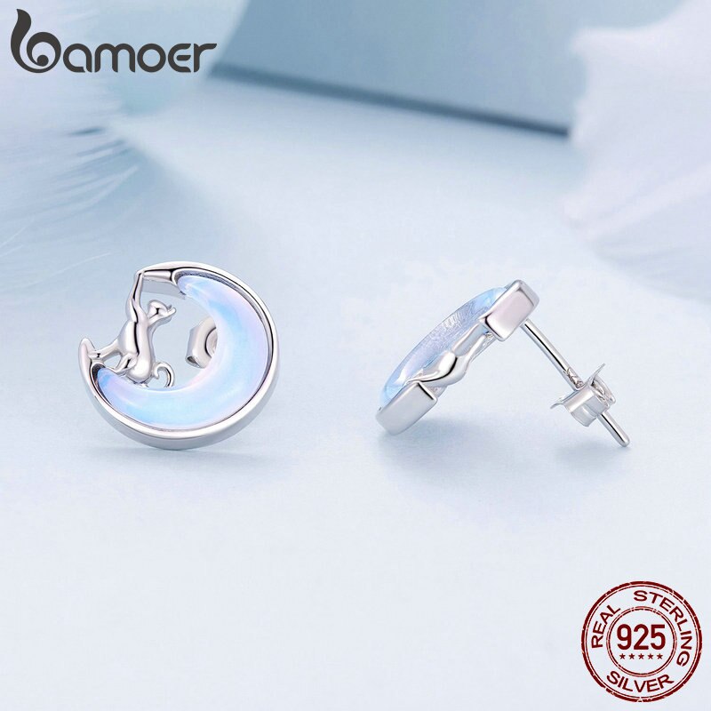 Sterling Silver Moon & Cat Stud Earrings for Women