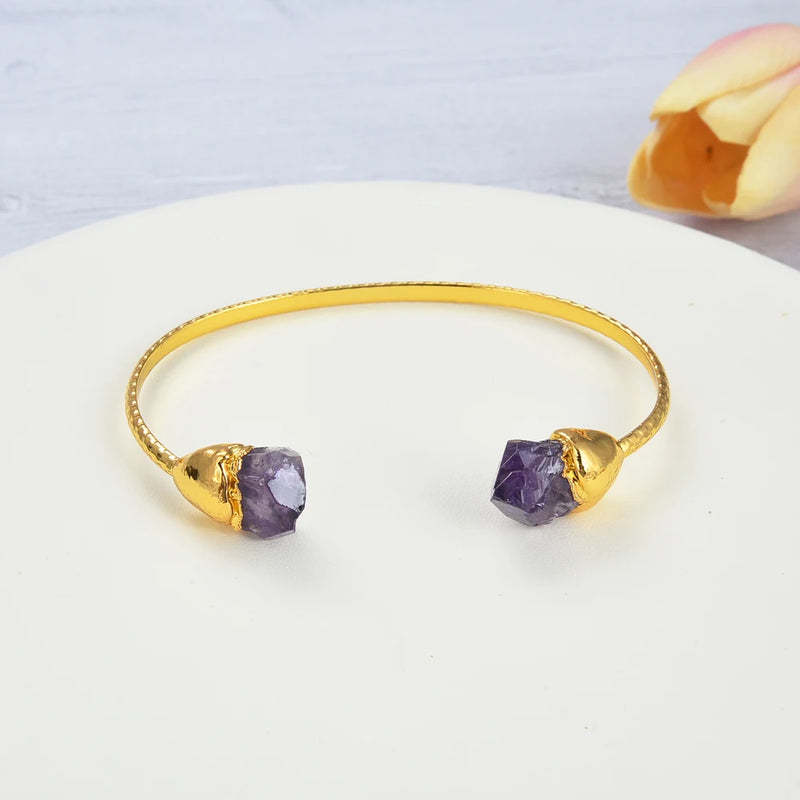 Gold Plated Natural Purple Amethyst Raw Bangle Bracelet for Lady