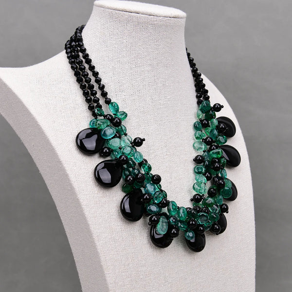 Sterling Silver Green Crystal and Black Onyx Stone Necklace for Lady