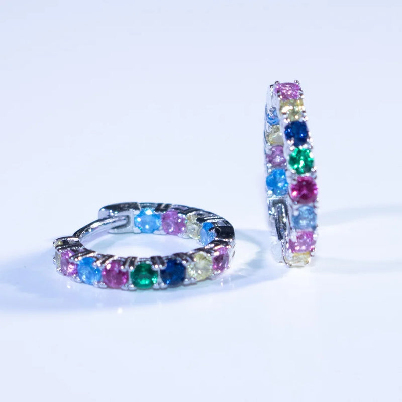 925 Sterling Silver Round Rainbow Cubic Zirconia Hoop Earrings for Women