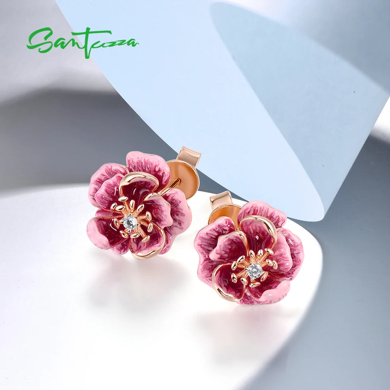 Sterling Silver White CZ Pink Enamel Flower Earrings for Women