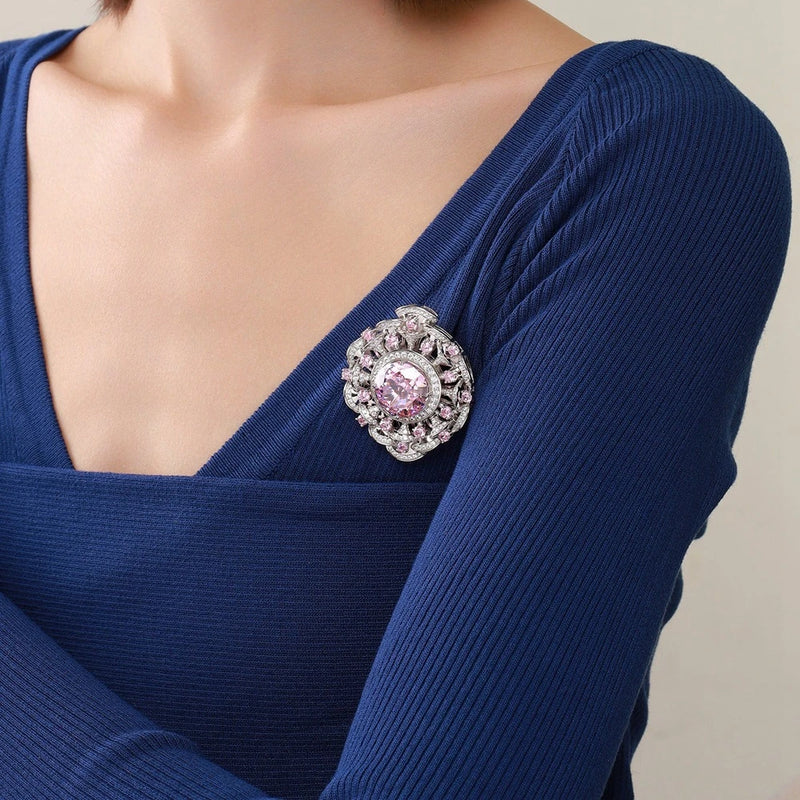 Sterling Silver Lab Sapphire Diamond Brooch for Her