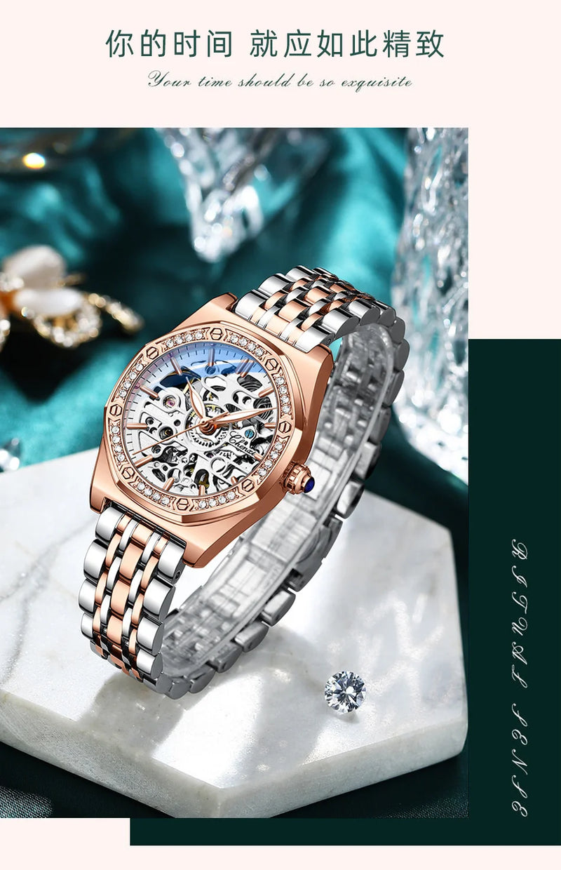 Gold Hollowed Automatic Waterproof Night Watch for Ladies