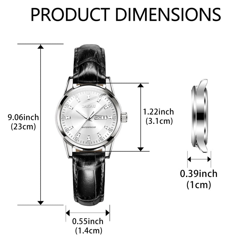 Stainless Steel Leather Casual Elegant Watch with Luminous Calendar, Waterproof for Women