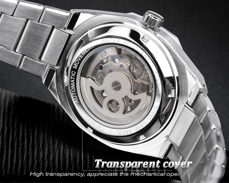 Stainless Steel 3D Diamond Casual Automatic Skeleton Watch with Luminous Markers for Men