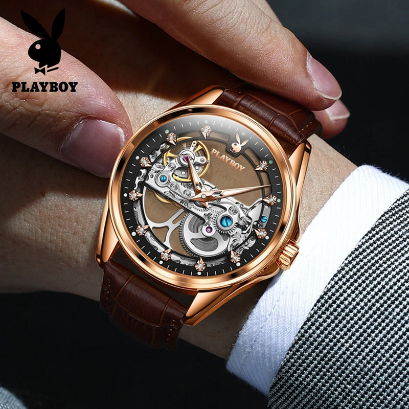 Stainless Steel Hollow Out Automatic Mechanical Watch with Luminous Leather Strap for Men