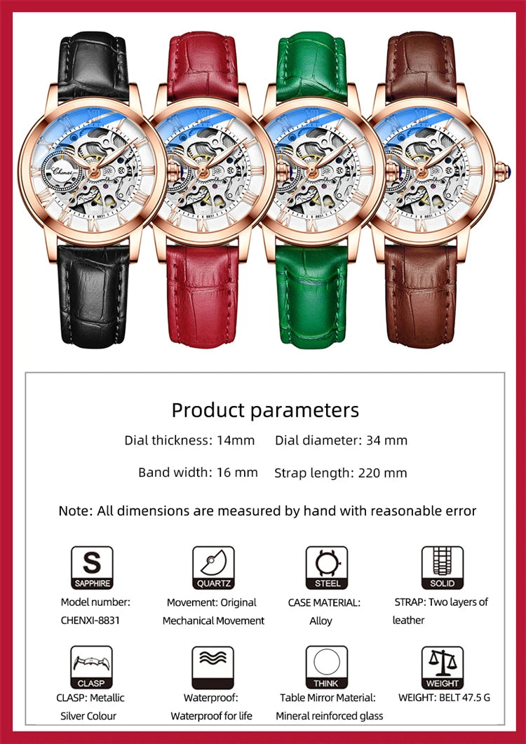 Leather Waterproof Automatic Hollowed Vibrato Watch for Women