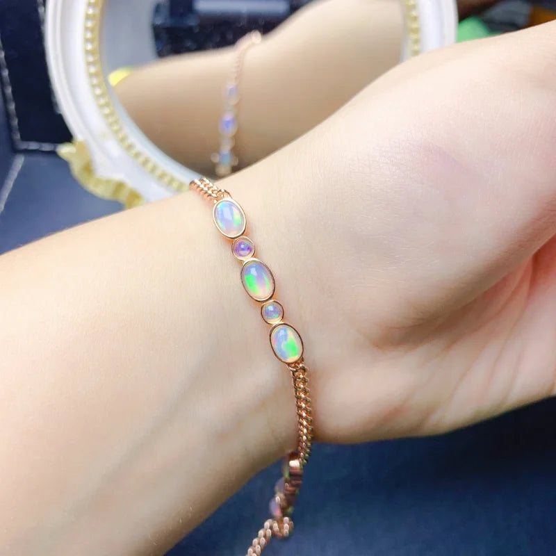 925 Sterling Silver Natural Opal Bracelet, 4-6mm and 3mm, for Women