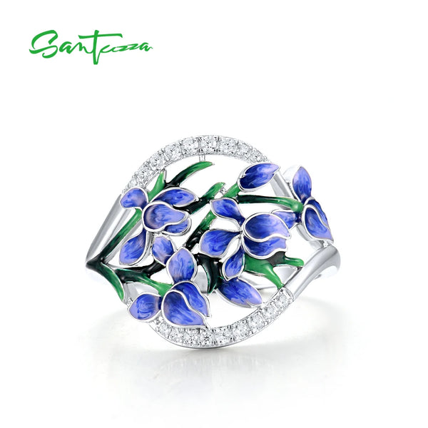 Sterling Silver White CZ Blue Orchid Flower Enamel Rings for Women