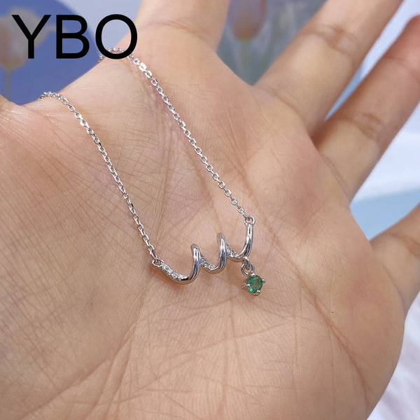 925 Sterling Silver Natural Emerald CZ Curved Pendant Necklace for Women