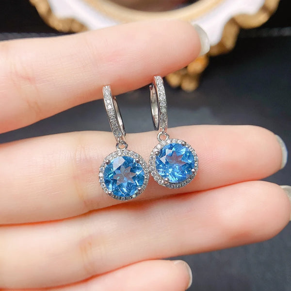 S925 Sterling Silver 8mm Circular Natural Topaz Earrings for Women