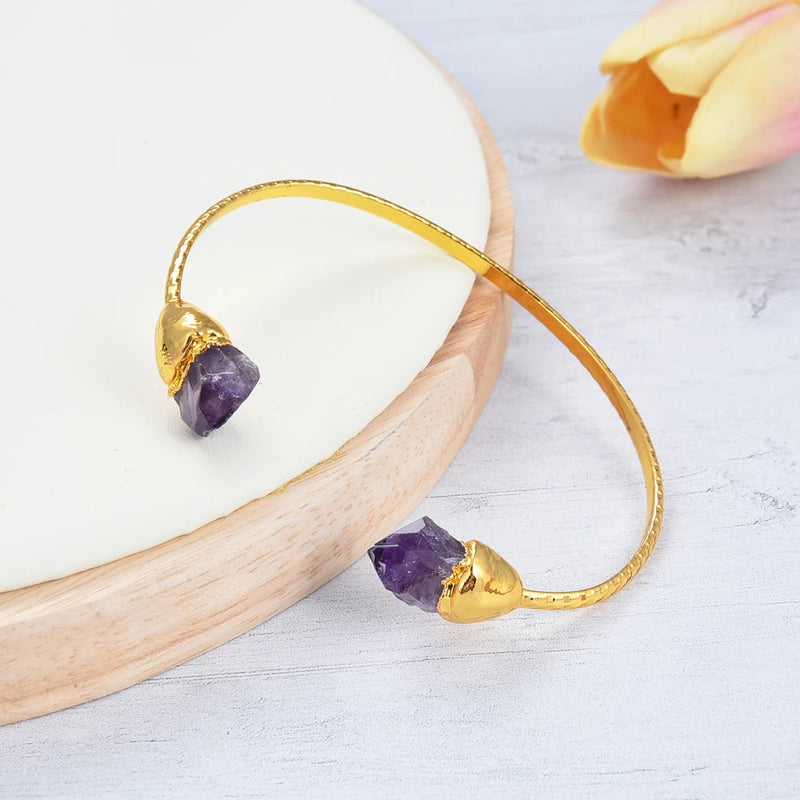 Gold Plated Natural Purple Amethyst Raw Bangle Bracelet for Lady