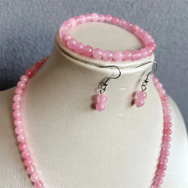 Yellow Gold Peach Pink Jade Jewelry Set Necklace, Earrings, Bracelet, Chain, Choker for Women